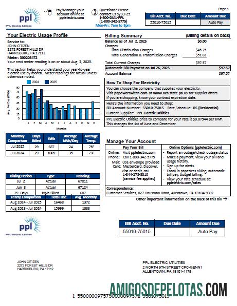para download Modelo de conta de serviços públicos elétricos PPL dos EUA em formatos Word e PDF, versão 3